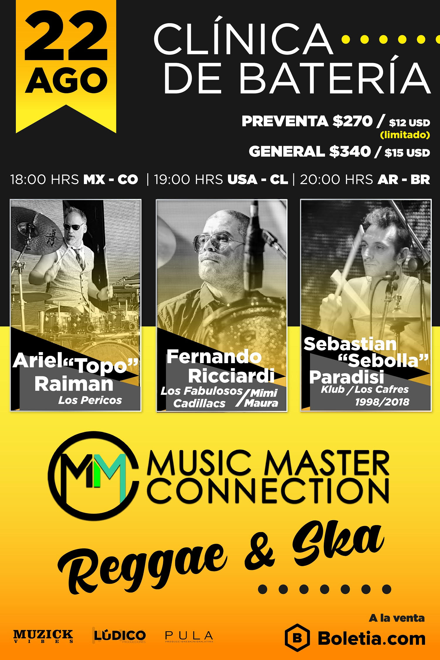 BATERISTAS DE FABULOSOS CADILLACS, LOS PERICOS Y LOS CAFRES OFRECERÁN CLÍNICA DE BATERÍA EN LÍNEA