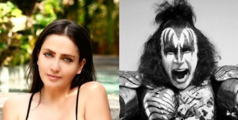Gene Simmons, vocalista de Kiss, le hace playera mojada a Celia Lora