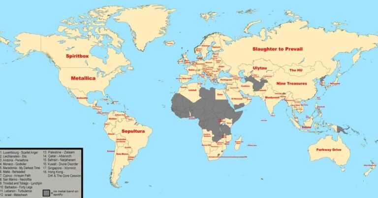 mapa de las bandas de metal más populares en cada país del mundo